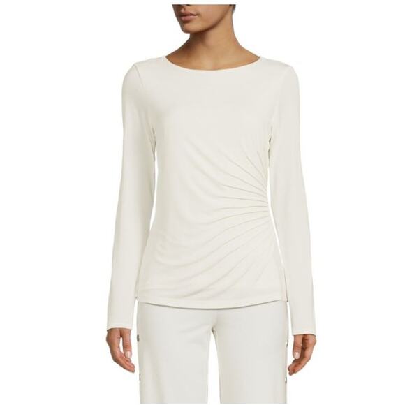 Carmen Marc Valvo Small Black Long Sleeve Round Neck Ruched Top Poly Spandex - Picture 7 of 8